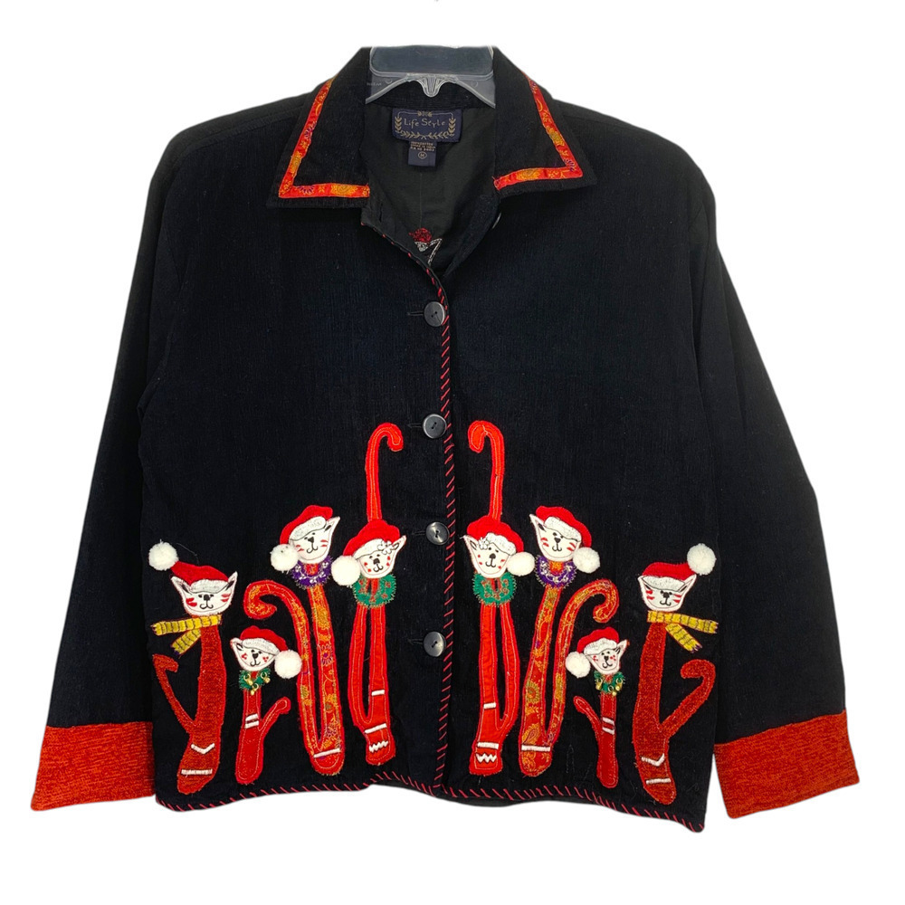 Vintage LifeStyle Sz M Black Kitty Applique Christmas Jacket Fine Wale Corduroy